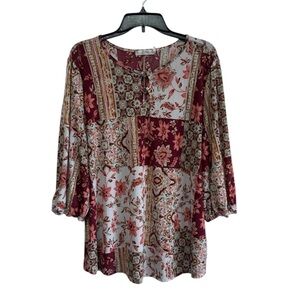 CURE Boho Patchwork Floral Print 3/4 Sleeve Blouse Top 2XL